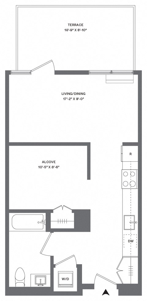 Floor plan for studio, 1 bath, 531 sqft